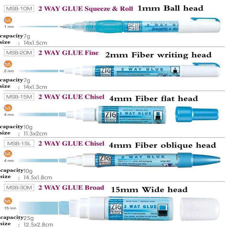 Kuretake Zig 2 Way Glue Pens Lot of 4 Tips 15mm Jumbo Chisel Fine Squeeze &  Roll